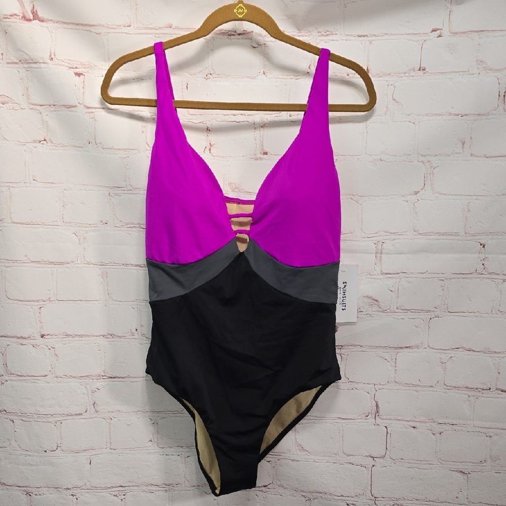 Swimsuits for All Colorblock V-Neck One Piece Swimsuit Fushia Womens Size 14 NWT - Picture 1 of 15
